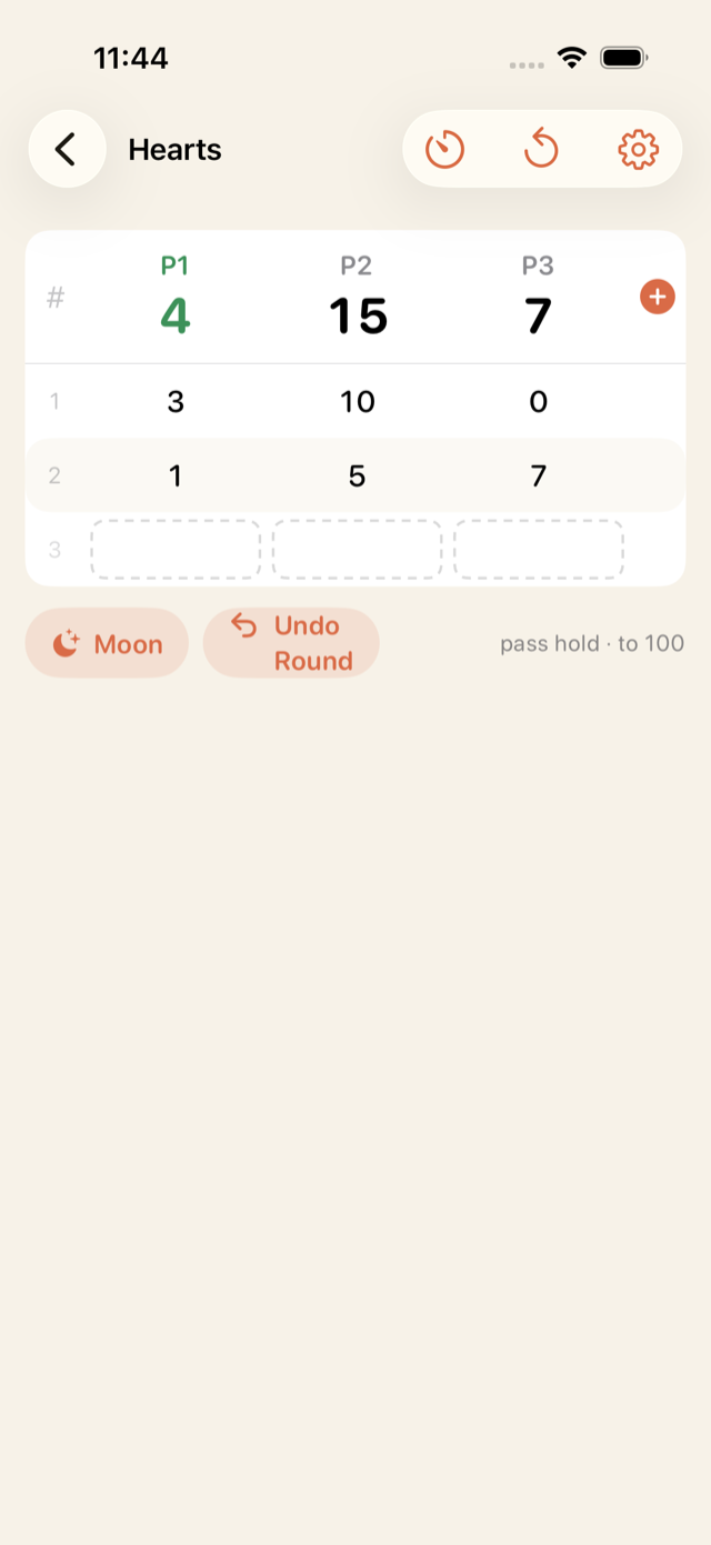 Hearts board with running totals and the Moon button