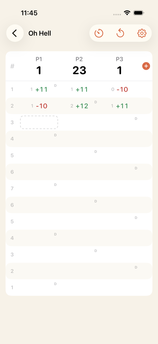 Oh Hell board with bids and made or missed results