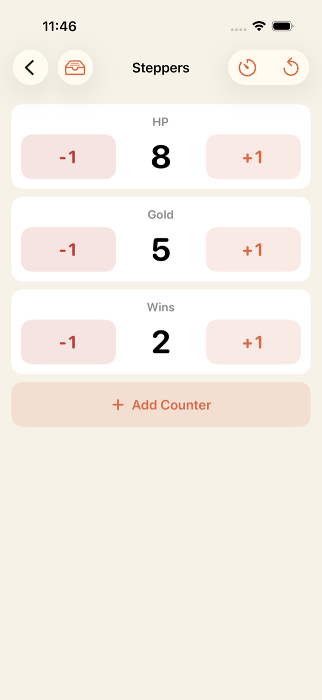 Steppers board with HP, Gold, and Wins counters