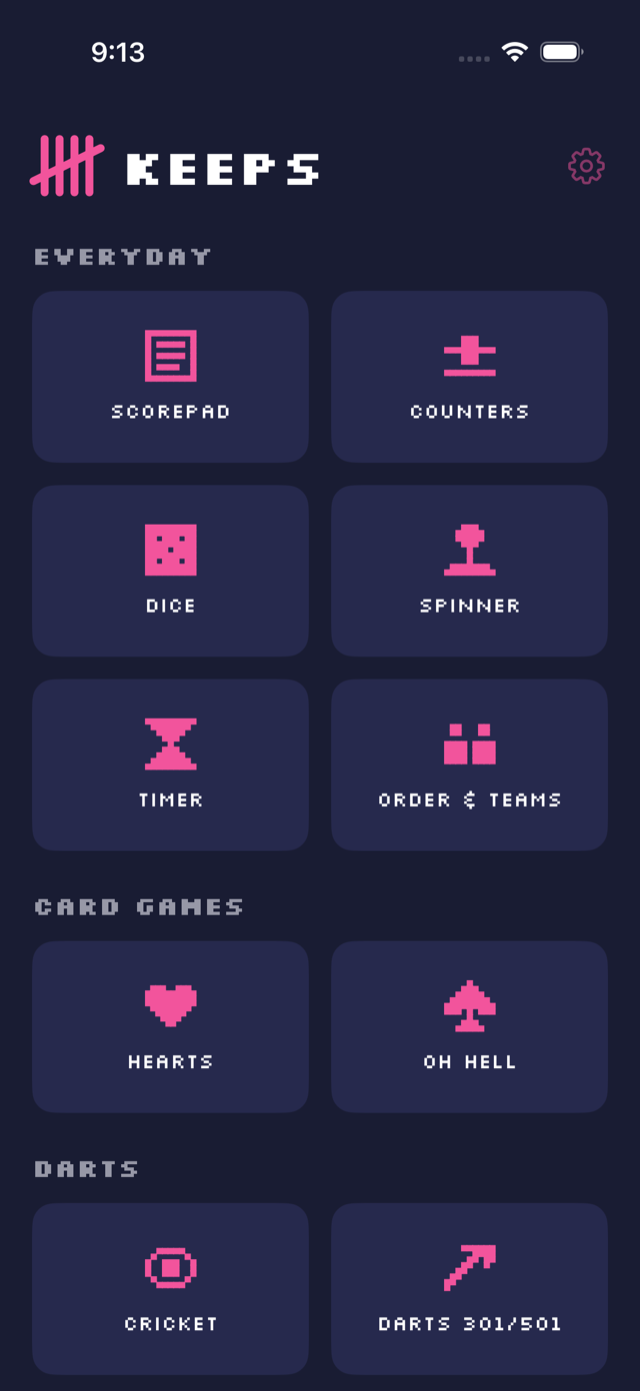 Home screen in the Retro theme: pixel type and glyphs on CRT indigo
